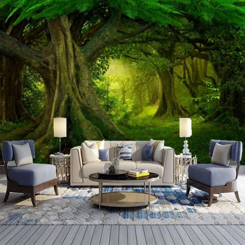 GIVLWF Papier Peint Panoramique de Forêt Magique, Arbres Verts Poster Murale Intissé - pour Chambre Salon Décoration Murale - 300 x 210 cm