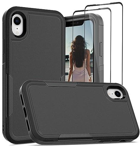 Jeylly for iPhone XR Case with [2 Tempered Glass Screen Protector], Black | Shockproof Soft Silicone Bumper Thin Slim Full Body Protective Cell Phone Cover for iPhone XR 6.1''