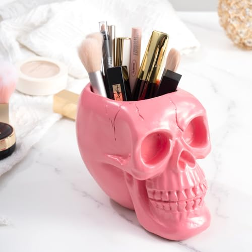 Arola Porte-stylo et crayon en forme de tête de mort rose - Pour clés, pinceaux de maquillage - Pot de fleurs - Accessoire de bureau à domicile
