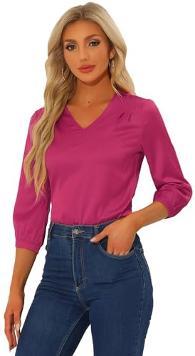 Allegra K Blusa de satén para Mujer Camisas Informales sólidas con Cuello en V de Manga 3/4 Fucsia S