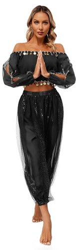 inhzoy Donne Professionale Danza del Ventre Costume Ballo Indiano Arabo Belly Dance Performance Outfits Vestito Ballare Egiziano Arabian Costume Carnevale Rave Party Nero Taglia Unica