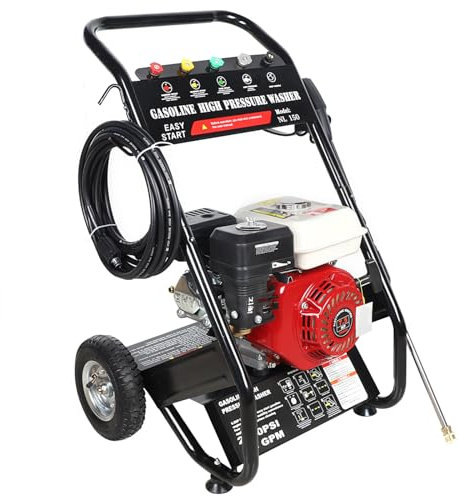 Power Equipment Benzin Hochdruckreiniger, Terrassenreinger, Hochdruckpistole, 7.5 PS Viertaktmotor, 5 Düsenaufsätze, 8m Schlauch, 2m Wasserzulaufschlauch, Vollgummiräder,170-190Bar, 2200PSI