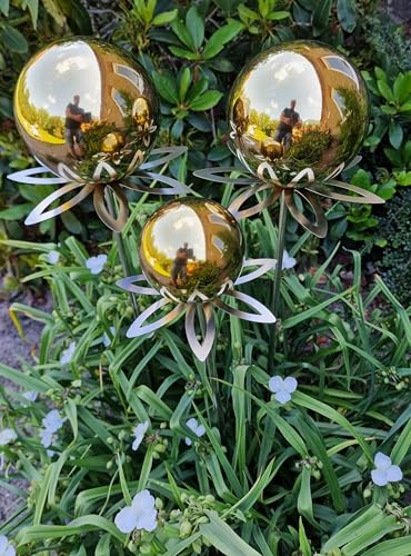 Jürgen Bocker Garten-Ambiente Blütenzauber Paris Rosenkugel 3er Set 15/15/10 cm Edelstahl Gartenstecker Deko mit Stab 80 cm (Gold poliert)