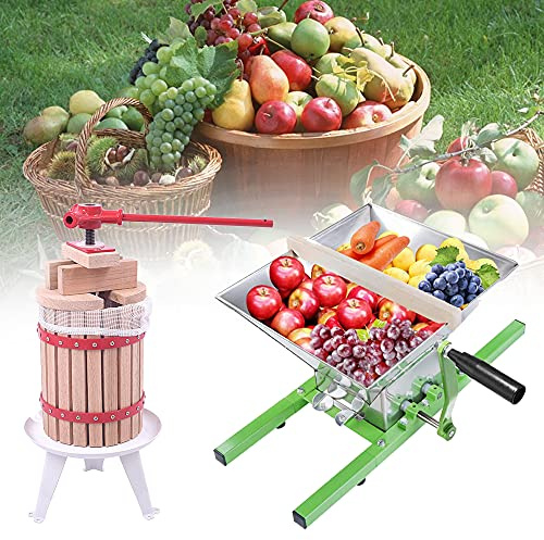XMTECH Exprimidor mecánico de frutas de 6 litros con paño de prensa + 7 l molinillo de frutas, triturador de uvas, exprimidor de manzanas con manivela