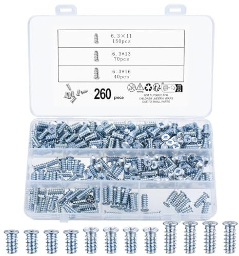 260 Pcs Euro Screws for Hinges Screws, Flat Head Countersunk Screw for Draw Runner Kitchen Cabinet Door Wardrobe Screw, 6.3mm x 11mm, 6.3mm x 13mm, 6.3mm x 16mm