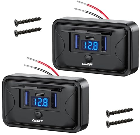 Linkstyle 2PCS RV USB Outlet, 72W Dual QC3.0 USB-A & PD3.0 Type-C Charging Socket Panel with ON/OFF Switch & Voltmeter for 12V/24V Car Truck Boat