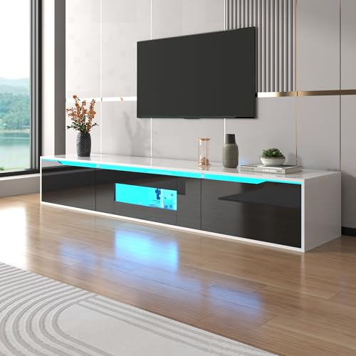 Merax TV Schrank, TV Lowboard mit LED-Beleuchtung, Moderner Fernsehtisch für Wohnzimmer und Esszimmer, Schwarz+Weiß, 180L x 35B x 30H cm