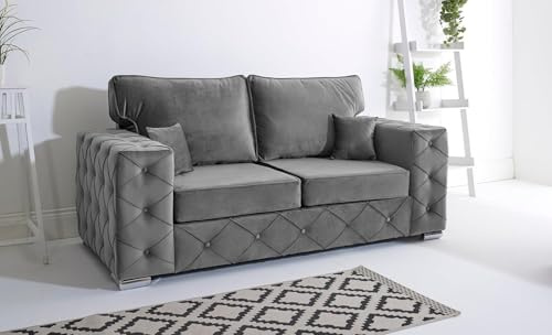 Sofahub Milton Plush Velvet 2 Seater Sofa Steel | Flat Pack Sofa in a Box with Button Tufted Design, Foam Cushion Seats, Solid Wood Frame & Chrome Feet | Compact Love Seat for Living Room, Bedroom