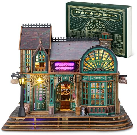 FUNPOLA LED 3D Holzpuzzle - Magischer Buchladen-Bausatz mit LEDs - Magischer Miniatur Buchladen zum Selbermachen - 3D Puzzle Architektur Bastelgeschenk für Erwachsene
