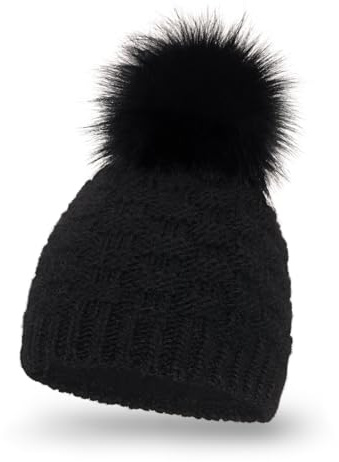 witoru Damen-Strickmütze, Mütze Winter, Fleece-Futter, Kunstfell-Bommel (DE/NL/SE/PL, Alphanumerisch, Einheitsgröße, Schwarz)