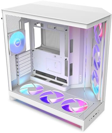 NZXT H9 Flow RGB+ (2025) – Caja de PC ATX de Torre Media de Gran Flujo de Aire de Doble Cámara – Incluye 7 Ventiladores RGB (6 x 140mm, 1 x 120mm) y concentrador de Control – Blanco