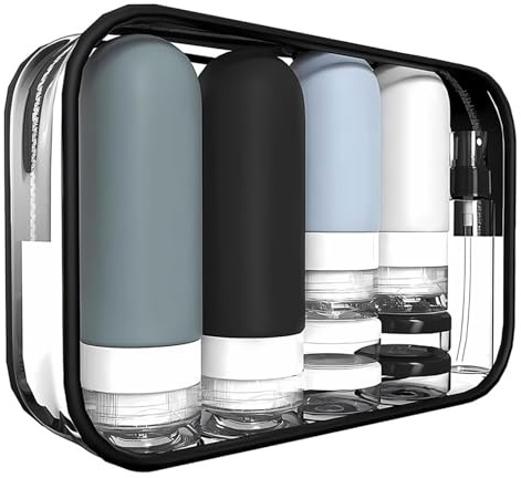 Juego de 18 botellas de viaje, recipientes de silicona a prueba de fugas aprobados por la TSA, para artículos de tocador, acondicionador, champú, loción y accesorios de lavado corporal (negro)