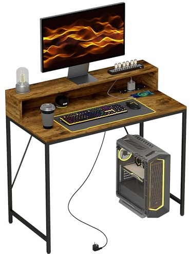 HOMCOM Computertisch, Schreibtisch mit Anschlüssen, Bürotisch mit Monitorfläche und Ablage, PC Tisch für Büro, Arbeitszimmer, 100 x 50 x 90,5 cm, Rustikales Braun