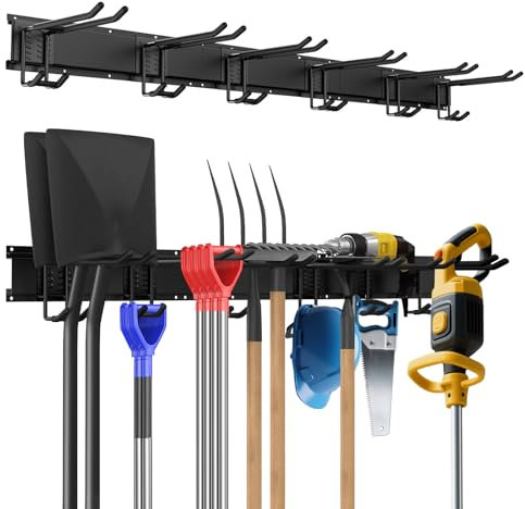 Sampoes Garage Tool Management - Support mural pour garage - 120 cm - Avec 6 crochets réglables - Pour outils de jardin, balais, râteaux, équipements de ski - Noir