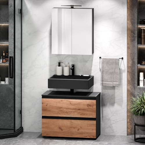 Planetmöbel EDA Badmöbel Set Waschbeckenunterschrank 80cm mit Spiegelschrank 60 cm mit Beleuchtung, Waschtischunterschrank, Badezimmerschrank für Gäste WC & Bad, Anthrazit/Gold Eiche