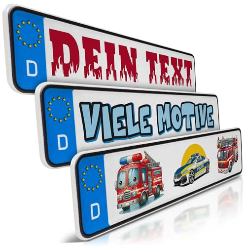 1 Mini Kfz-Kennzeichen | Feuerwehr Namensschild zum Geburtstag | Aluminium | Kleines Fun-Kennzeichen für Kinderauto | Polizei | Wunschtext | Kettcar | Tretauto | Gokart | Kinderfahrrad Nummernschild