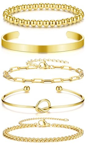 Zysta Bracciale Donna in Acciaio Inossidabile Placcati Oro 14K Bracciali a Catena Cubana Perline Figaro Rolo Regolabile Braccialetto a Polsino con Nodo Impilabile Gioielli Minimalisti Ragazza (5pz)