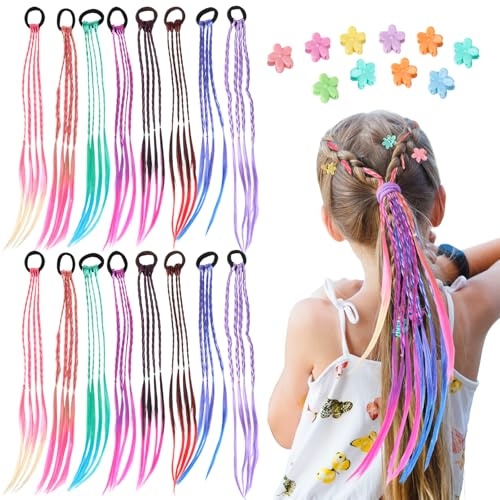 Lot de 16 mèches de cheveux colorées pour enfants, cheveux tressés colorés avec bande élastique, 10 mini clips, dégradé de couleur pour filles, postiche de cheveux pour fête, festival