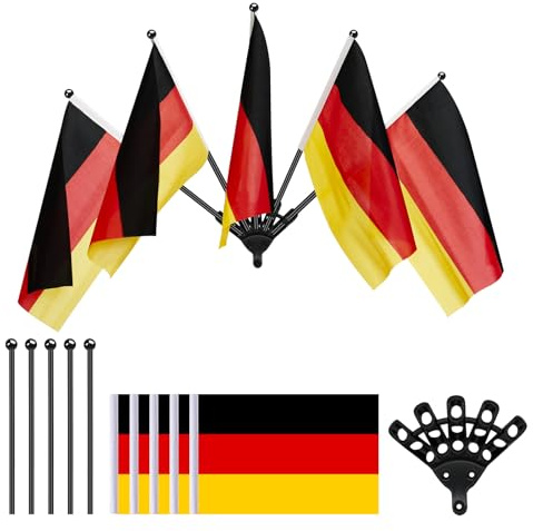NQ 5-Loch Fahnenmast Set (0.4M) für Innen/Außen, Inkl. Edelstahl-Flaggenstangen, Wand-Fahnenhalter, 5 Mini Deutschland Flaggen für Haus, Büro, Garten, Klassenzimmer, Dekoration(Schwarz)