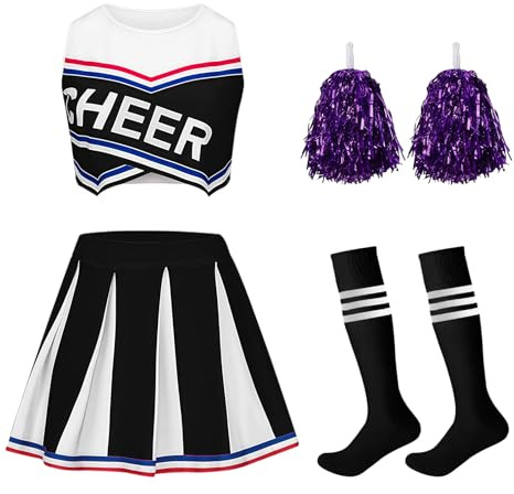 Crazycos Cheerleading Uniform Kleid,Cheerleadering Outfit Mädchen, 4PCS Cheerleader Kostüm Kinder für Karneval Halloween, Fasching, Mottoparty