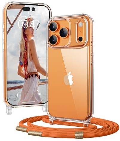 OLEPHY Handykette für iPhone 17 Pro Max Hülle mit Band, Orange | Necklace Handyhülle, Transparente Schutzhülle zum Umhängen [Verstellbarem und Demontage Umhängeband],