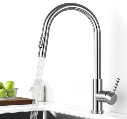 Kitchen Tap with Pull Out Sprayer, Toothank Kitchen Mixer Tap with 2 Modes Bubble & Spray Flow, 360° Swivel High Arc Design, 304 Stainless Steel, Gravity Ball Retraction, Easy DIY Installation