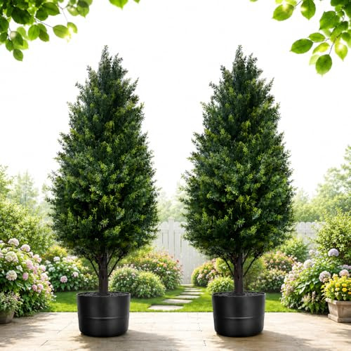 70cm Artificial Cedar Trees for Outdoors Planters,Set of 2 Topiary Trees Artificial Cypress Tree Outdoor Indoor Fake Pine Tree Faux Shrubs for Front Porch Xmas Decor