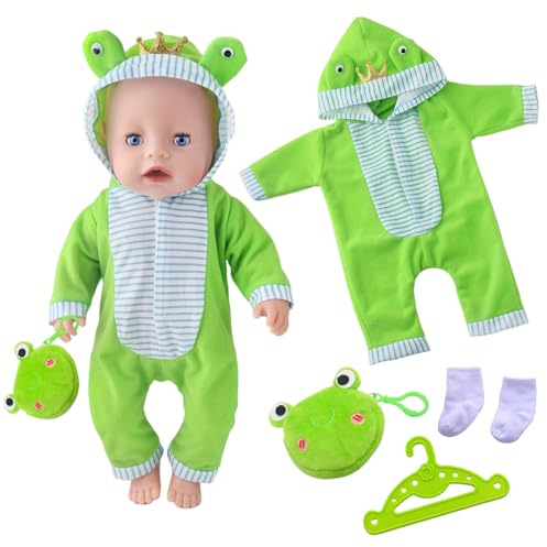 Xerteam 4 Pcs 35-43 cm Puppen Kleidung, Frosch Puppenkleidung Enthält 1 Froschkronen Jumpsuit, 1 Frosch Geldbörse 1 Paar Socken 1 Kleiderbügel, Puppenkleidungsset Geschenk für Kinder Mädchen Jungen