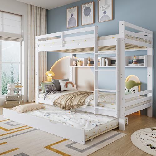 Dolamaní Litera para cama infantil, 90 x 200 cm, para 3 personas, incluye cama extensible con ruedas, cama convertible en 3 camas individuales, estructura de cama con estantes, cama de madera de pino