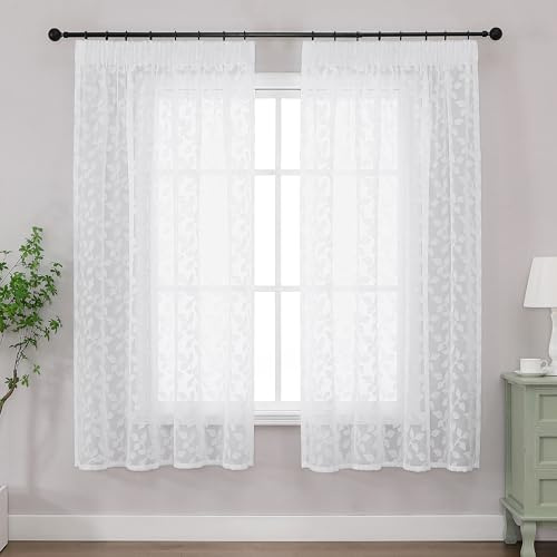 Simplebrand Charlton Weiß Lichtdurchlässig Clip Jacquard Voile Ausbrenner Gardine mit Blätter Muster transparenter Vorhang mit Kräuselband Schrank Gardinenschals B140xH163cm 2 St