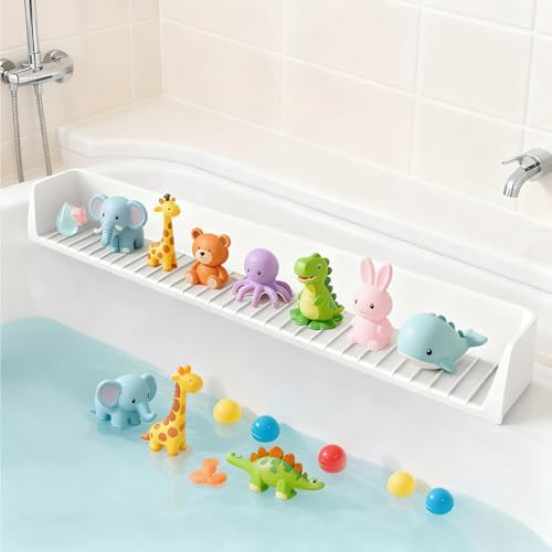 Yuanan Splash Guard for Bathtub, 31.5 Inch Silicone Bathtub Splash Guard with Strong Suction Cups Toy Tray Caddy Holder Storage Silicone Bath Tubs Shelf for Bathroom Bathtubs and Kitchen Sinks (Gray)