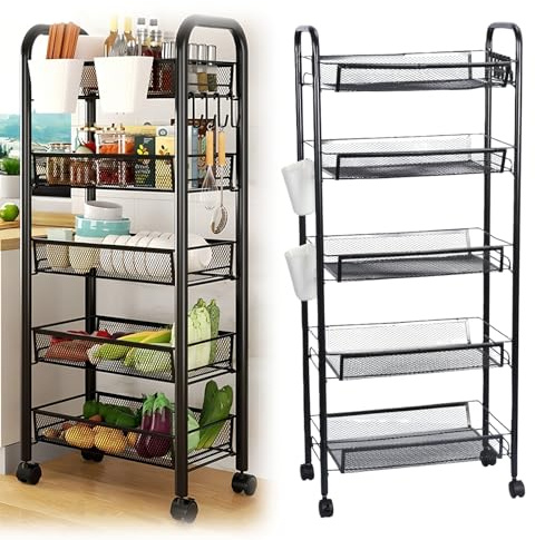 Cesta de frutas con ruedas, cesta de almacenamiento de verduras, carrito de aperitivos de metal rodante, soporte para verduras con ruedas de 360 grados, cestas de malla hueca apilables para cocina