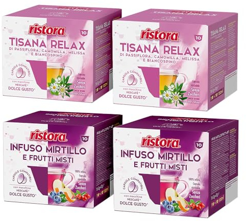 Set 80 Capsule Ristora Compatibili con le Macchine ad uso domestico Nescafè®* Dolce Gusto®* 40 Tisana relax 40 Infuso mirtilli frutti rossi