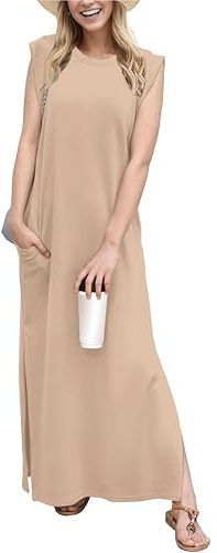 GRECERELLE Womens Summer Maxi Dress Casual Shirt Dresses Elegant Styles Basic Sleeveless Maxi Dresses for Women UK with Split and Pockets