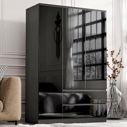 Blisswood 3 Door Wardrobe for Bedroom – High Gloss MDF Wooden Double Wardrobe with Hanging Rail, Modern Large Storage Cupboard Unit with 5 Shelves and 2 Drawers, Bedroom Furniture Closet (Black)