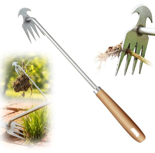 Unkrautstecher Edelstahl, 2026 Neu Manueller Unkrautjäter für den Garten, 4-Zinken-Doppelhacke Garten Manueller Weeder Edelstahl Hand Unkrautstecher für Garten, Kübel, Balkonkästen, Beete (50CM)