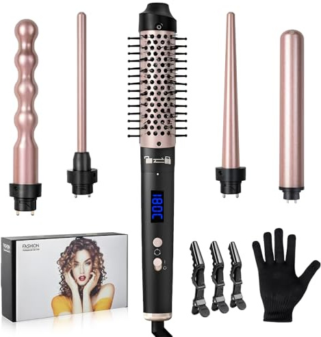 Carehabi Rizador Pelo Ondas, Tenacillas para Rizar el Pelo 5 en 1 con 5 Cabezales Intercambiables, LCD, 4 Temperaturas 160-230 °C, Calentamiento 10 s, Revestimiento Cerámico, 100-240 V
