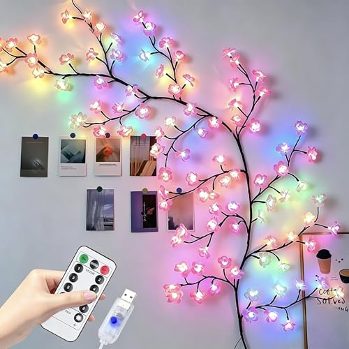 LED Kirschblüten Zweige Lichter, 180cm 96 LED Cherry Blossom Lights, Kirschblüten Lichterkette mit Fernbedienung, Kirschblüte Wand 8 Modi, Sakura Vine Wand Deko für Schlafzimmer, Wohnzimmer, Farbe