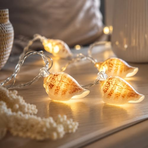 Festive Lights 1,5m batteriebetriebene Muschel Lichterkette mit 10 LEDs warmweiß echte Muscheln mit Timer Maritime Deko Lichterkette Nautische Deko Muschellampe Badezimmer Modern