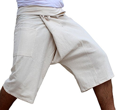 RaanPahMuang Thailändische Anglerhose Herren Damen Lose Yoga Pirat Haremshose 100% Baumwolle Unisex Kimono Hose, Cremefarben - Capri-Länge Muang Baumwolle, XXL/3XL