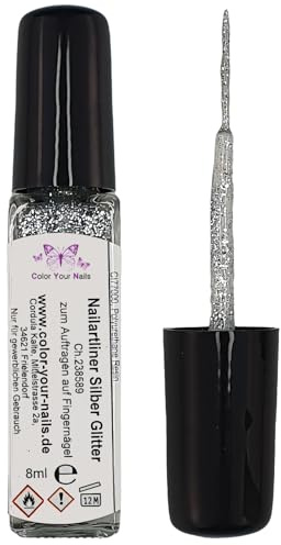 8ml Lackliner Silber Glitter. In Glasflasche. Fineliner Nailartliner auf Nagellack Basis made in Germany
