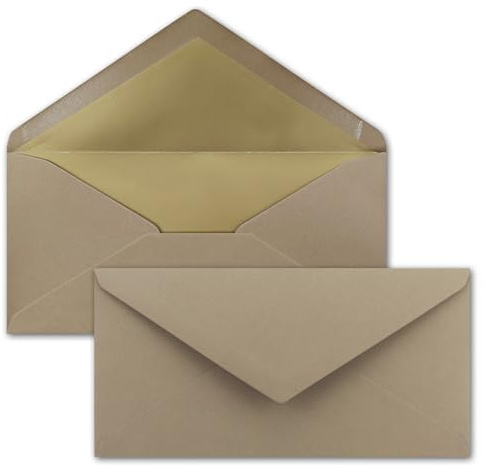 50 Brief-Umschläge DIN Lang - Cappuccino mit Gold-Metallic Innen-Futter - 110 x 220 mm - Nassklebung - festliche Kuverts für Einladungen