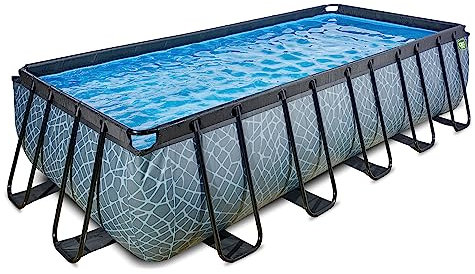 EXIT Toys Stone Pool - 540x250x122cm - Piscina de Marco Rectangular Grande con Bomba de Filtro de Cartucho - Piscina Extra Profunda - Marco Robusto - Incluye Escalera de Piscina - Diseño Único - Gris