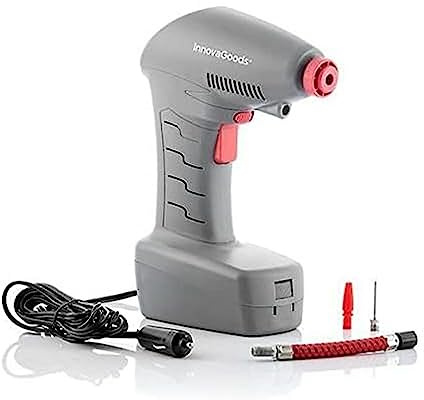 InnovaGoods® Compresor de Aire Portátil 12V100W con LED, Inflador Eléctrico Luz LED para Mayor Visibilidad, manguera, aguja y boquilla para diferentes usos, Ideal para Neumáticos de Coche, Moto, balón