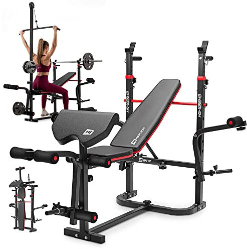 Hop-Sport Hantelbank, Multifunktionale klappbare Trainingsbank mit Langhantelständer, Latzugturm, Butterfly & Curlpult, für Krafttraining zuhause, 250 kg Max. Belastbarkeit der Hantelbank