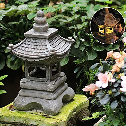 HLONGG Massive Pietra Giapponese Lanterna Bella Tachi-Gata Lanterna di Pietra Solare Giardino Zen Illumina Lanterna Pagoda Luce Lampada Solare del Giardino,Grigio