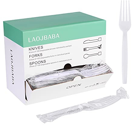 Laojbaba Plastic Forks Disposable Individually Packaged Forks White 7Inch Commercial Take Away Forks Heavy Individually Wrapped 100 PCS