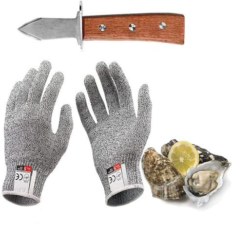 Austernmesser-Set, mit 6.7 Zoll Oyster Knife und Einem Paar Schnittfester Handschuhe der Klasse 5, Griff aus Eichenholz, Klasse A, Dreifach Vernietet, für Schalentiere oder Hartkäse