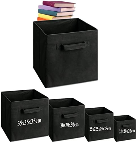 A406 2x Foldable Boxes Storage Cube Boxes Fabric Cubes with Handles Collapsible Organiser Clothes Storage Box (Black, Medium-25x25x25cm)