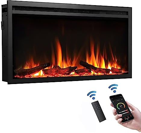FLAMME 33/84cm Castello Slim Frame Recessed Media Wall Inset Electric Fireplace with Multi Flame Colours 750W/1500W | Wall Mounted/Recessed, Alexa Compatible, 750W-1500W Heater, Remote Control, 8 LED Flame Colours, Logs & Crystals Included
